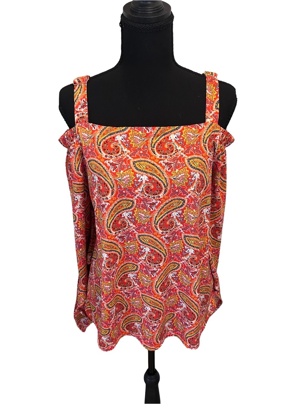 Melloday Paisley Cold-Shoulder Boho Festival Blouse- Vibrant Mixed Colors M